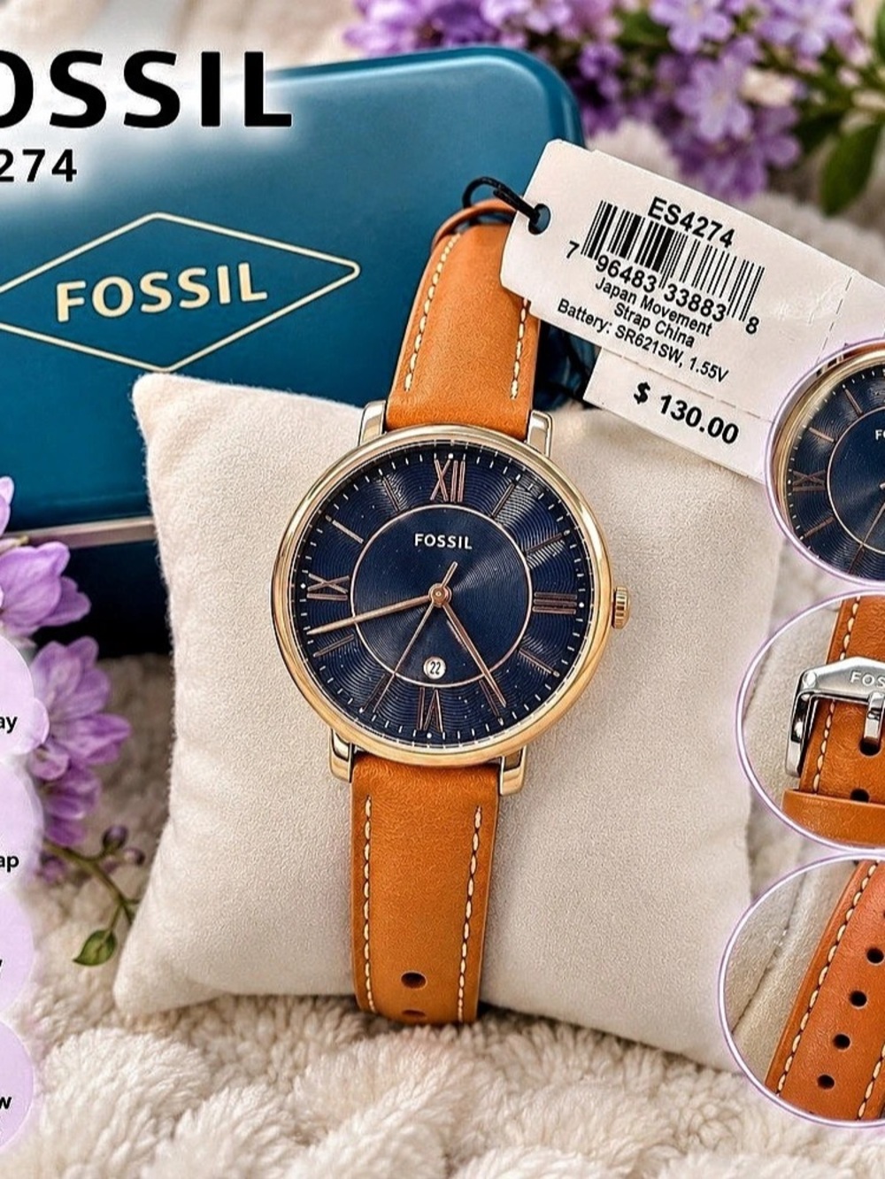 Fossil Jacqueline Three-Hand Date Luggage Leather Watch Brown & Blue